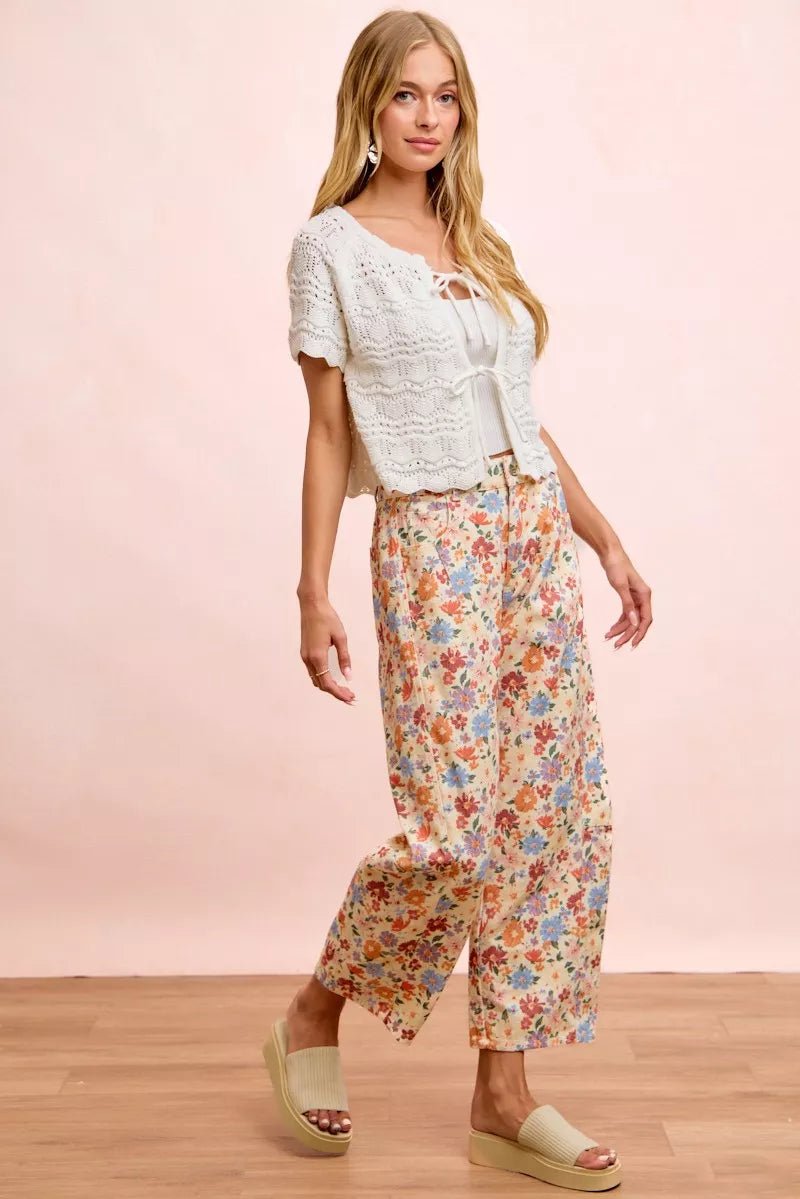 BiBi Washed Floral Printed Twill Barrel Pants - Bitsy Gypsy Boutique