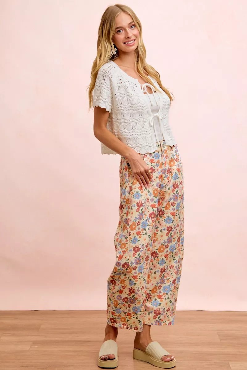 BiBi Washed Floral Printed Twill Barrel Pants - Bitsy Gypsy Boutique