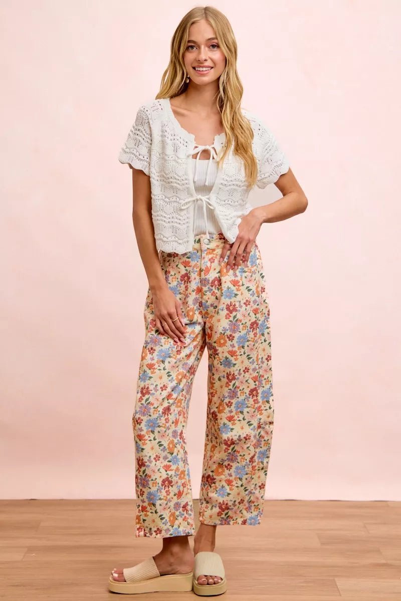 BiBi Washed Floral Printed Twill Barrel Pants - Bitsy Gypsy Boutique