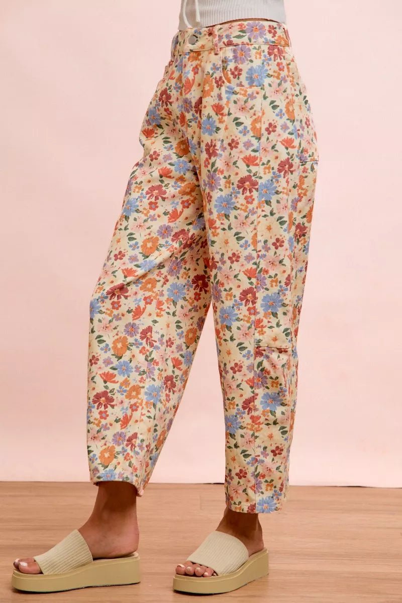 BiBi Washed Floral Printed Twill Barrel Pants - Bitsy Gypsy Boutique