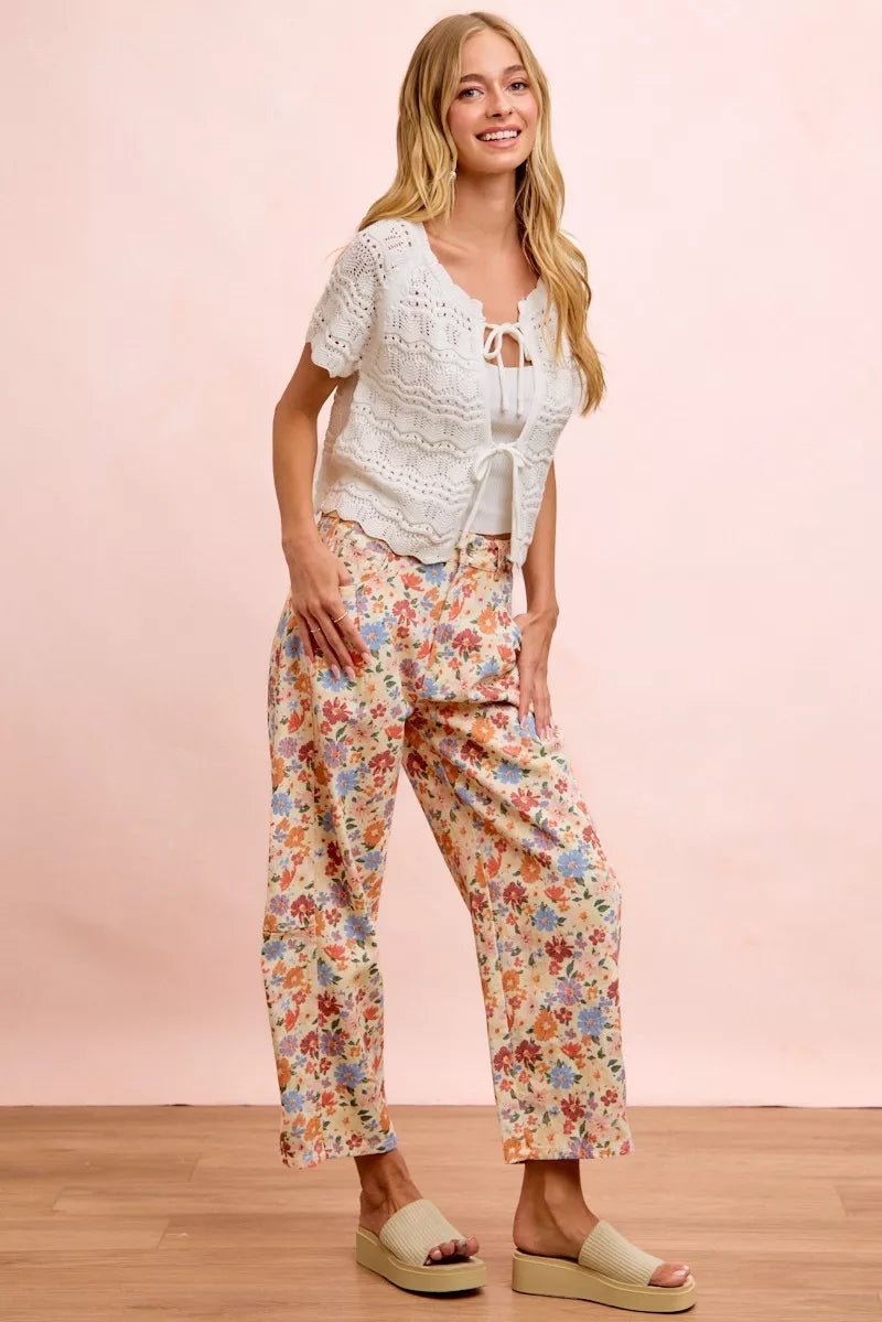 BiBi Washed Floral Printed Twill Barrel Pants - Bitsy Gypsy Boutique