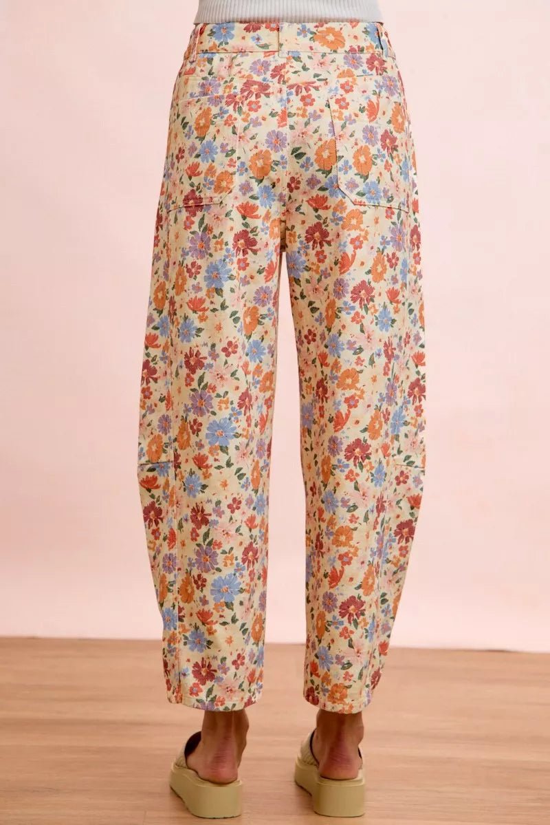 BiBi Washed Floral Printed Twill Barrel Pants - Bitsy Gypsy Boutique