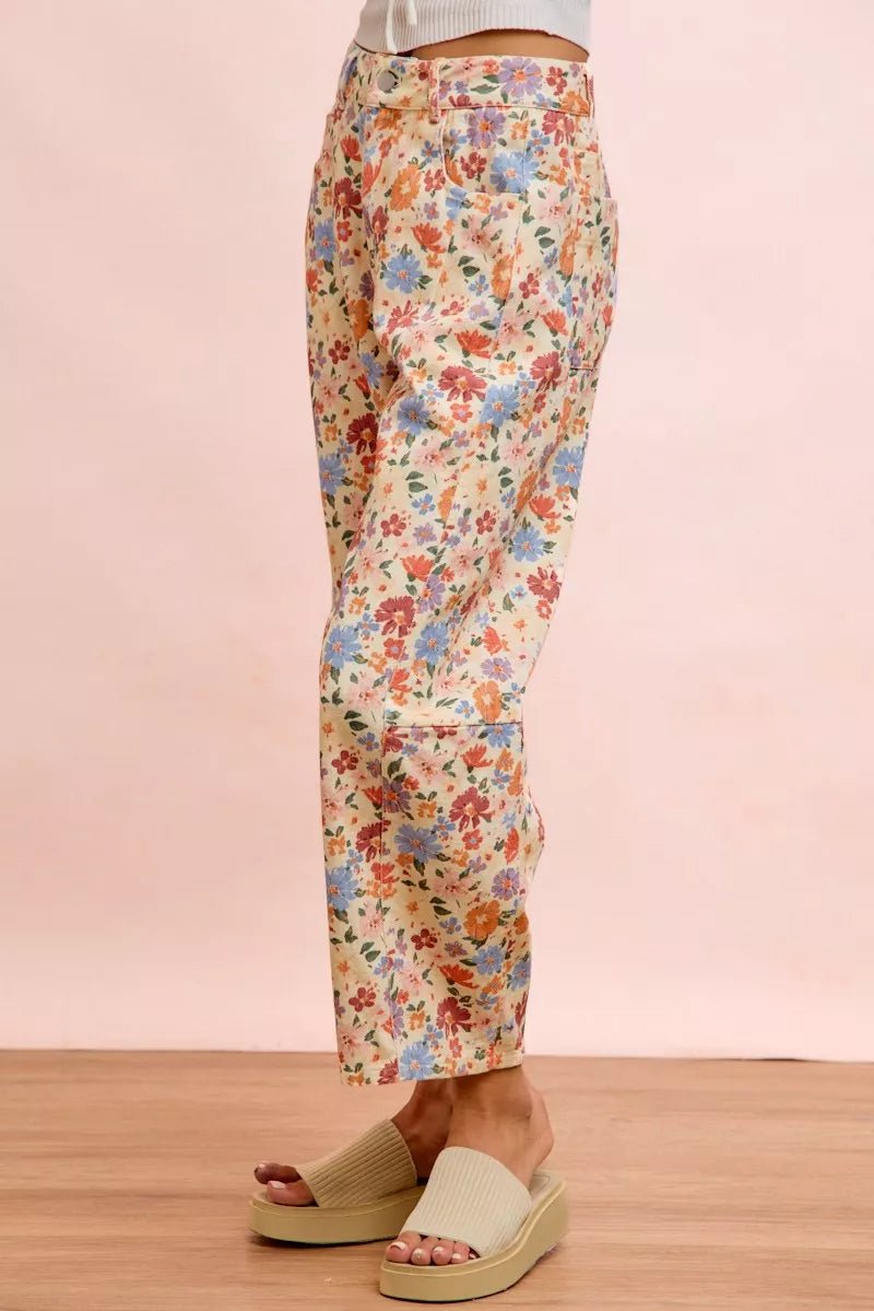 BiBi Washed Floral Printed Twill Barrel Pants - Bitsy Gypsy Boutique