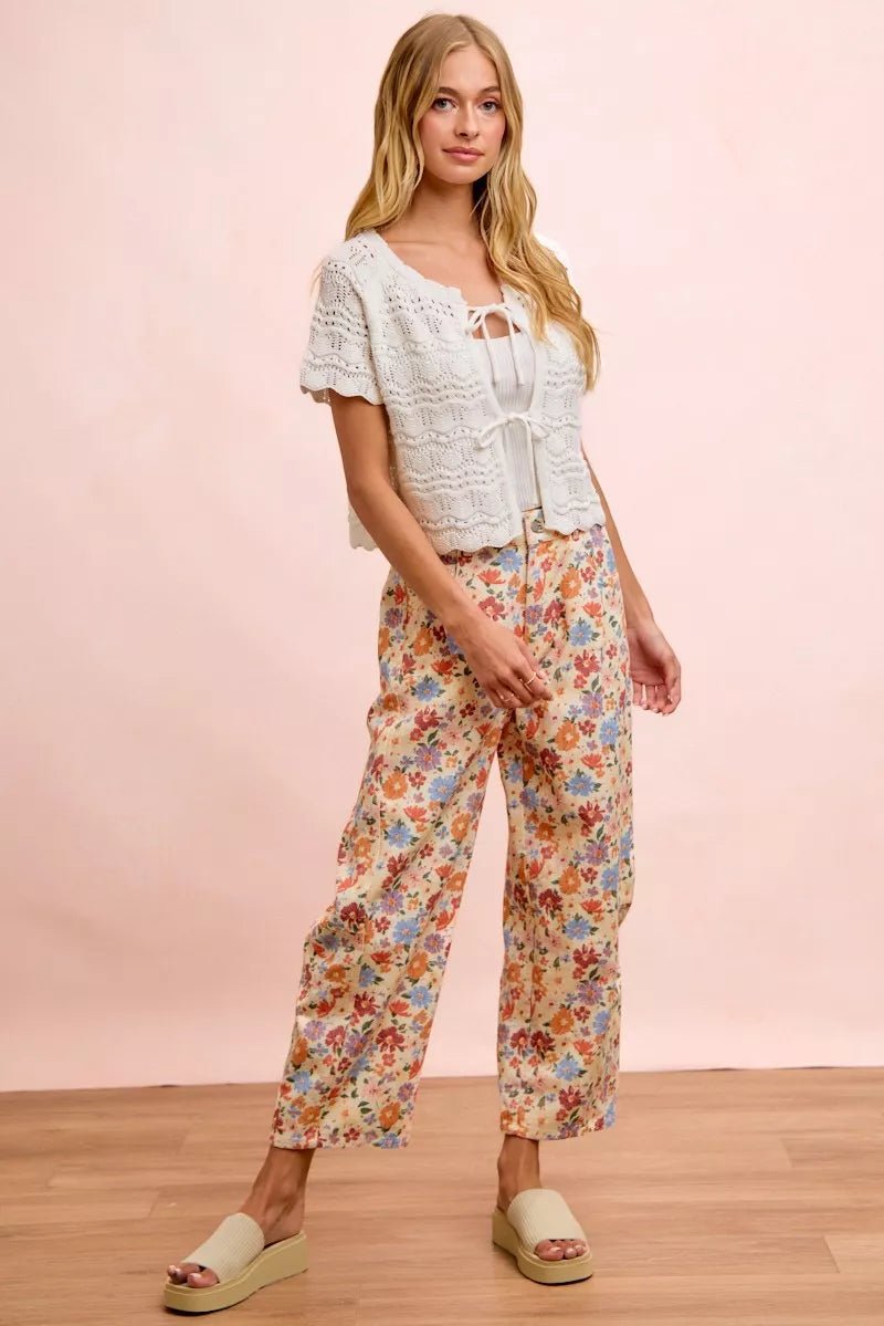 BiBi Washed Floral Printed Twill Barrel Pants - Bitsy Gypsy Boutique