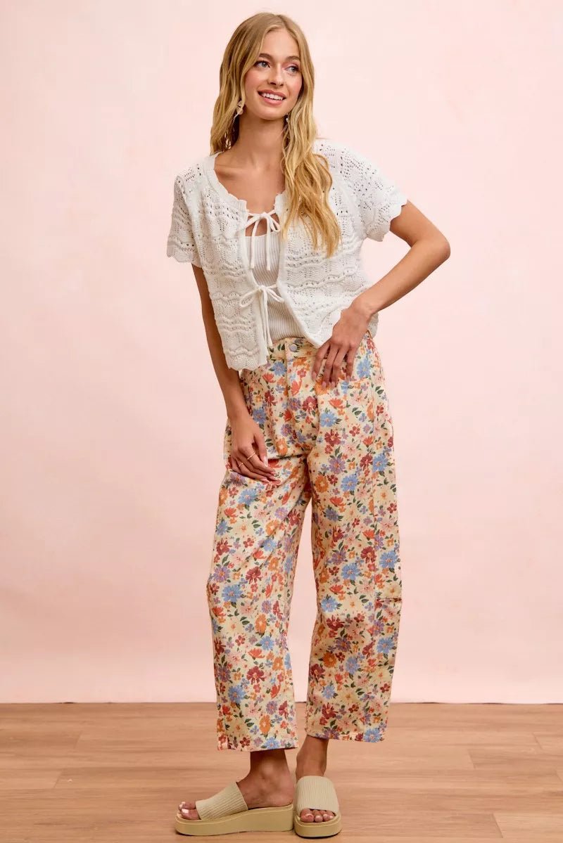 BiBi Washed Floral Printed Twill Barrel Pants - Bitsy Gypsy Boutique