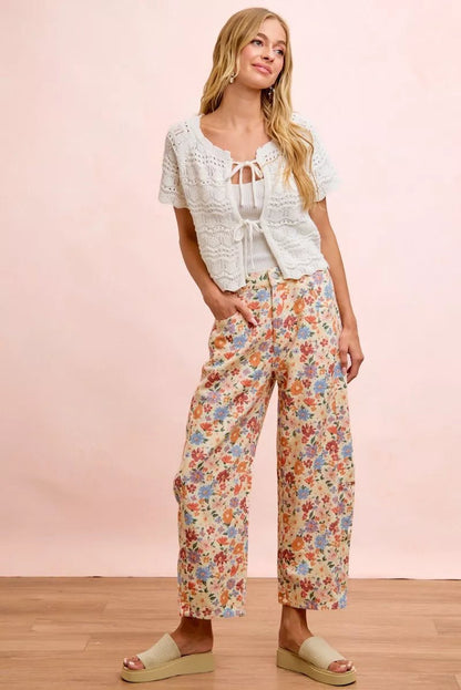 BiBi Washed Floral Printed Twill Barrel Pants - Bitsy Gypsy Boutique