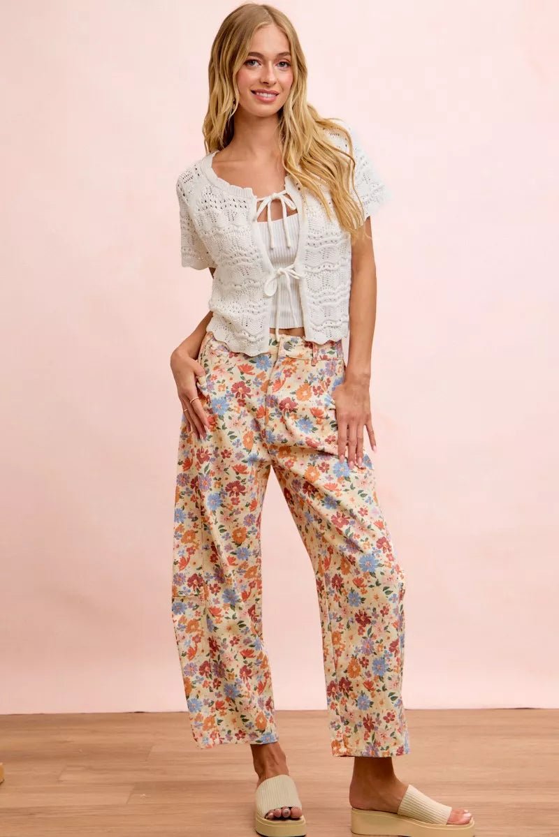 BiBi Washed Floral Printed Twill Barrel Pants - Bitsy Gypsy Boutique