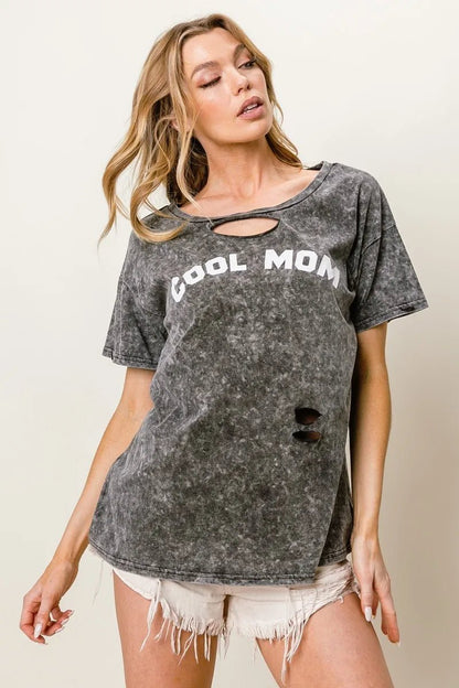 BiBi Washed Laser Cut Detail Cool Mom Print Top - Bitsy Gypsy Boutique