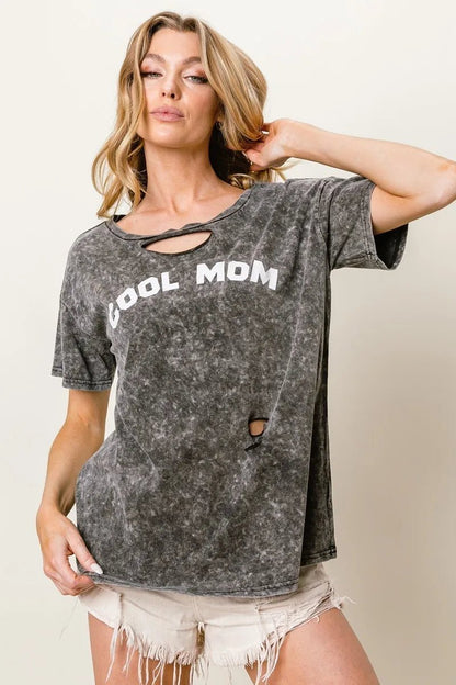 BiBi Washed Laser Cut Detail Cool Mom Print Top - Bitsy Gypsy Boutique