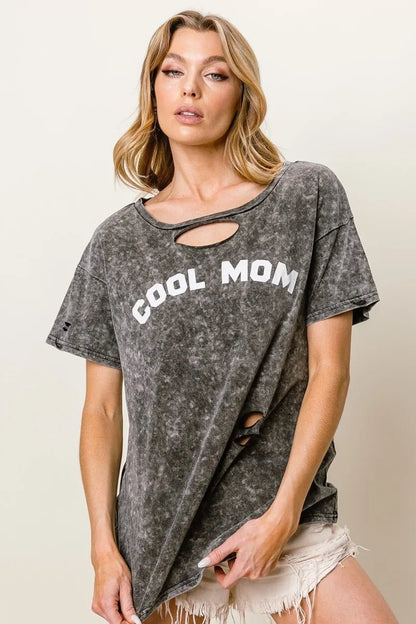 BiBi Washed Laser Cut Detail Cool Mom Print Top - Bitsy Gypsy Boutique