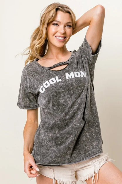 BiBi Washed Laser Cut Detail Cool Mom Print Top - Bitsy Gypsy Boutique