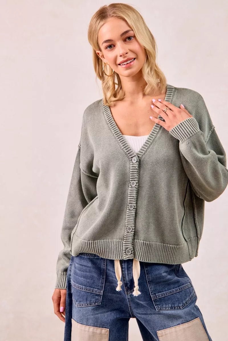 BiBi Washed Sweater V Neck Cardigan - Bitsy Gypsy Boutique