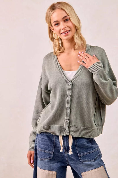 BiBi Washed Sweater V Neck Cardigan - Bitsy Gypsy Boutique