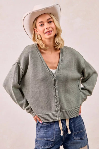 BiBi Washed Sweater V Neck Cardigan - Bitsy Gypsy Boutique