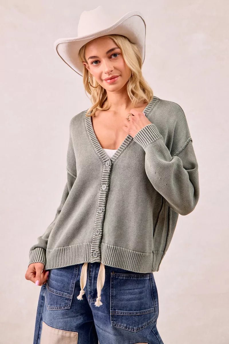BiBi Washed Sweater V Neck Cardigan - Bitsy Gypsy Boutique
