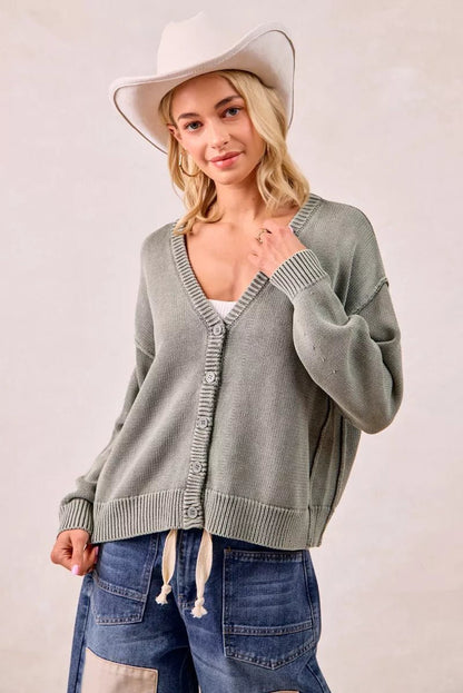 BiBi Washed Sweater V Neck Cardigan - Bitsy Gypsy Boutique