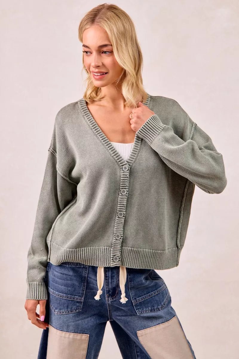 BiBi Washed Sweater V Neck Cardigan - Bitsy Gypsy Boutique