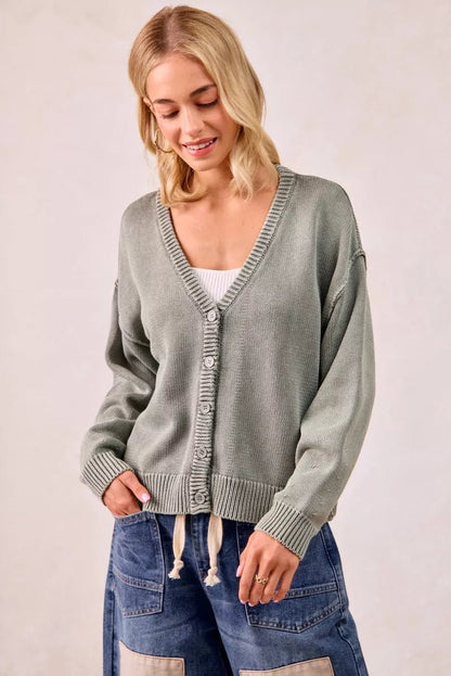 BiBi Washed Sweater V Neck Cardigan - Bitsy Gypsy Boutique