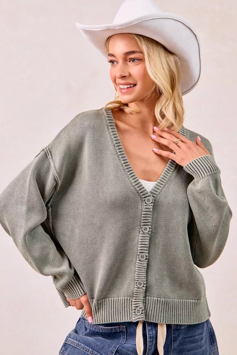 BiBi Washed Sweater V Neck Cardigan - Bitsy Gypsy Boutique