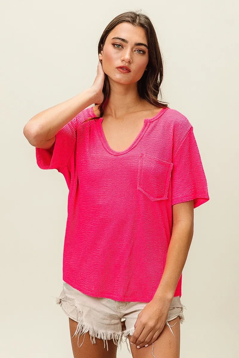 BiBi Waved Rib U Neck Top With Front Pocket - Bitsy Gypsy Boutique