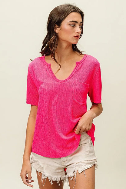 BiBi Waved Rib U Neck Top With Front Pocket - Bitsy Gypsy Boutique