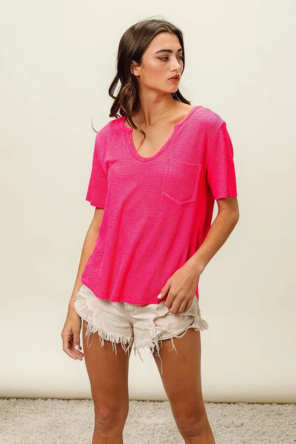 BiBi Waved Rib U Neck Top With Front Pocket - Bitsy Gypsy Boutique