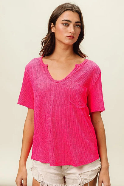 BiBi Waved Rib U Neck Top With Front Pocket - Bitsy Gypsy Boutique