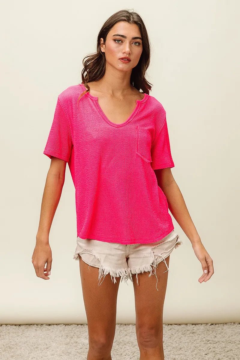 BiBi Waved Rib U Neck Top With Front Pocket - Bitsy Gypsy Boutique