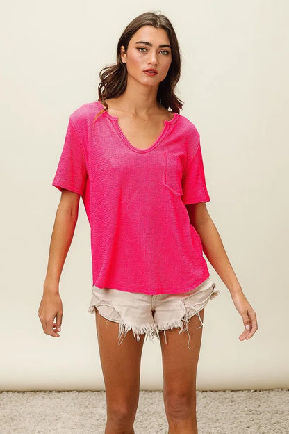 BiBi Waved Rib U Neck Top With Front Pocket - Bitsy Gypsy Boutique