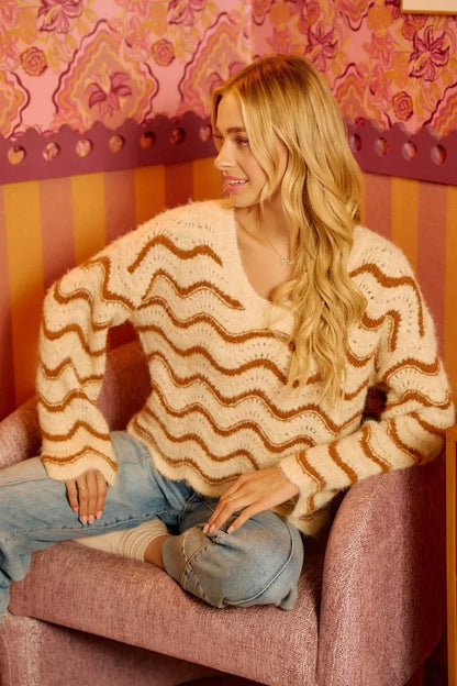 BiBi Wavy Stripes V - Neck Cropped Sweater - Bitsy Gypsy Boutique