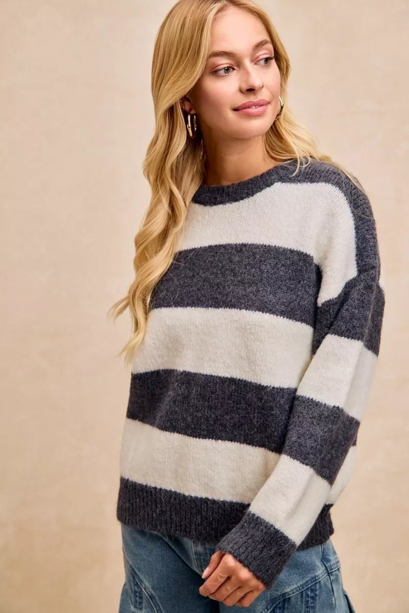 BiBi Wide Stripe Fuzzy Knit Round Neck Sweater - Bitsy Gypsy Boutique