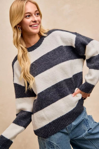 BiBi Wide Stripe Fuzzy Knit Round Neck Sweater - Bitsy Gypsy Boutique