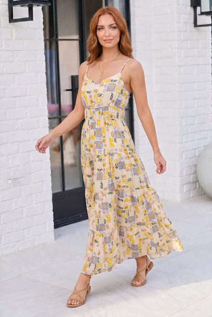 Patchwork Print Tiered Spaghetti Strap Maxi Dress by Gilli