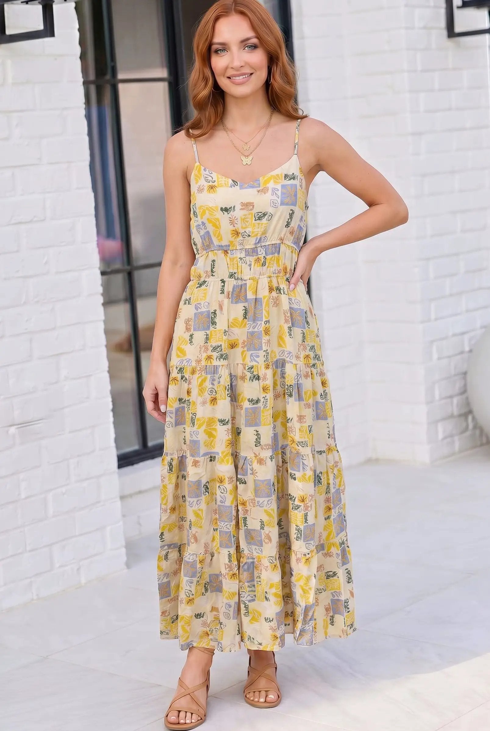 Patchwork Print Tiered Spaghetti Strap Maxi Dress by Gilli