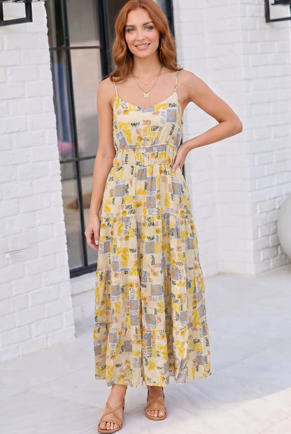 Patchwork Print Tiered Spaghetti Strap Maxi Dress by Gilli