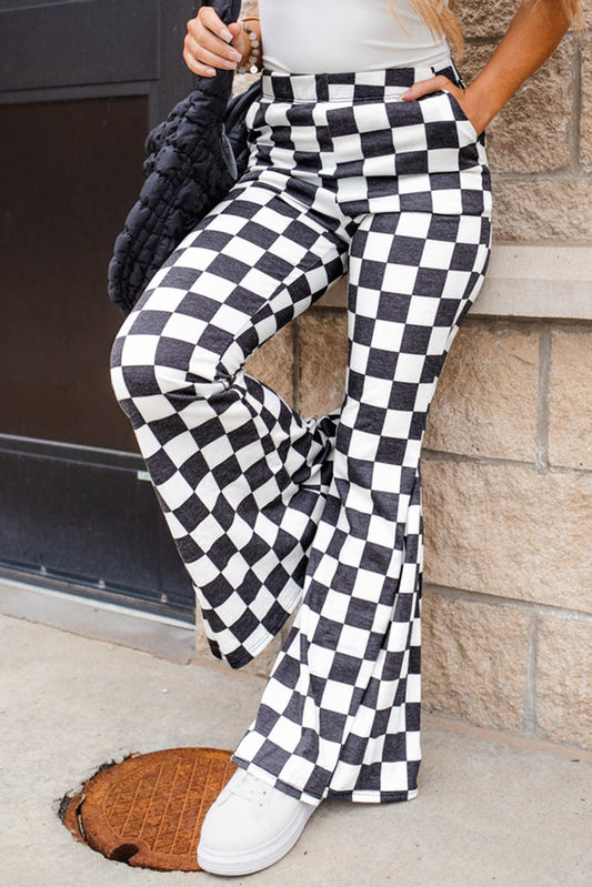 Black Checkerboard High Rise Casual Flared Pants - Bitsy Gypsy Boutique