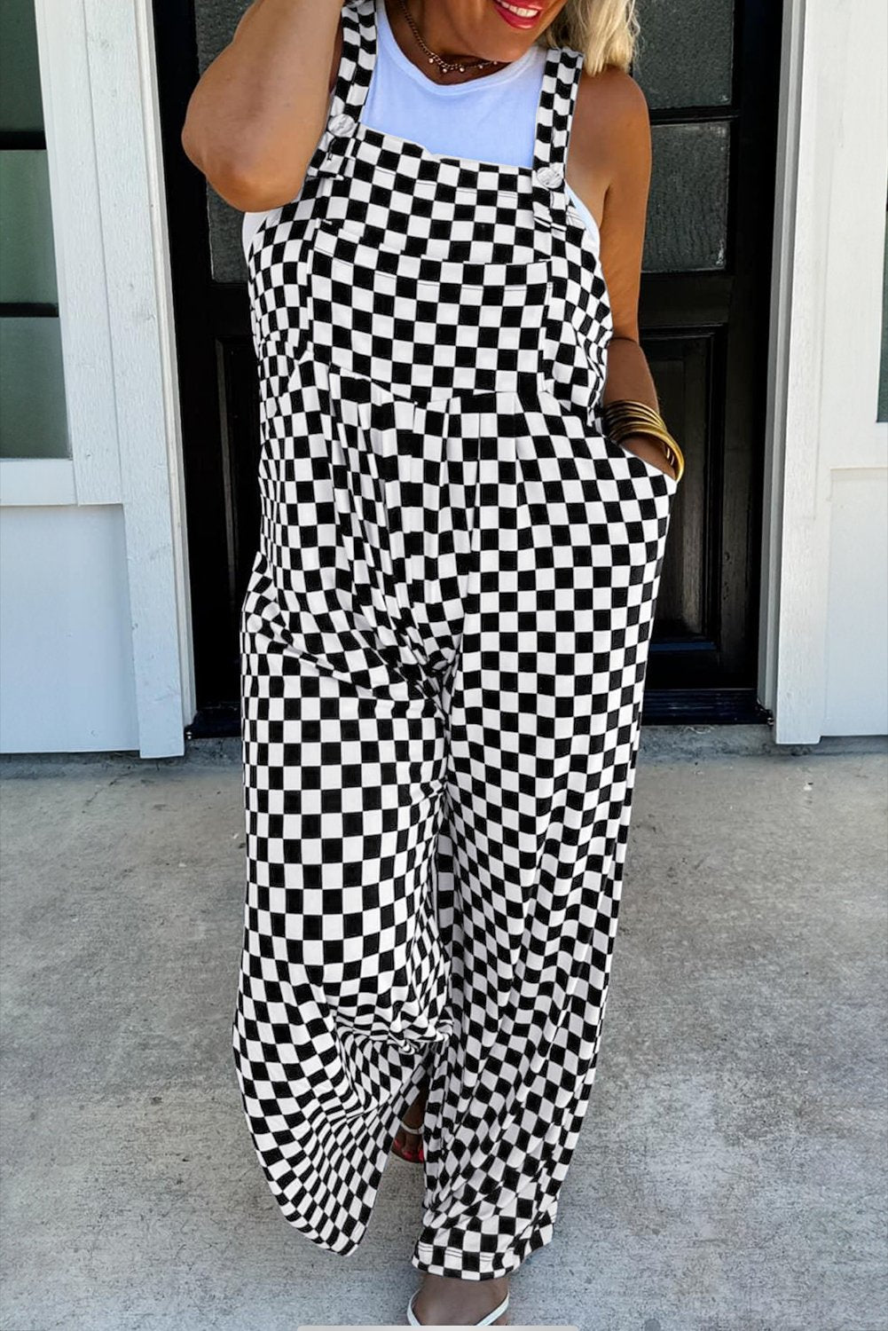 Black Checkered Print Pocketed Wide Leg Jumpsuit - Bitsy Gypsy Boutique