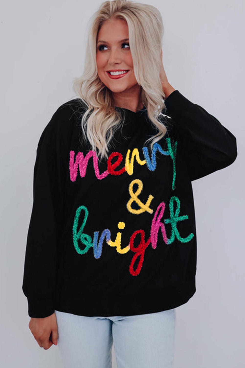 Black Colorful Merry & Bright Tinsel Graphic Sweater - Bitsy Gypsy Boutique