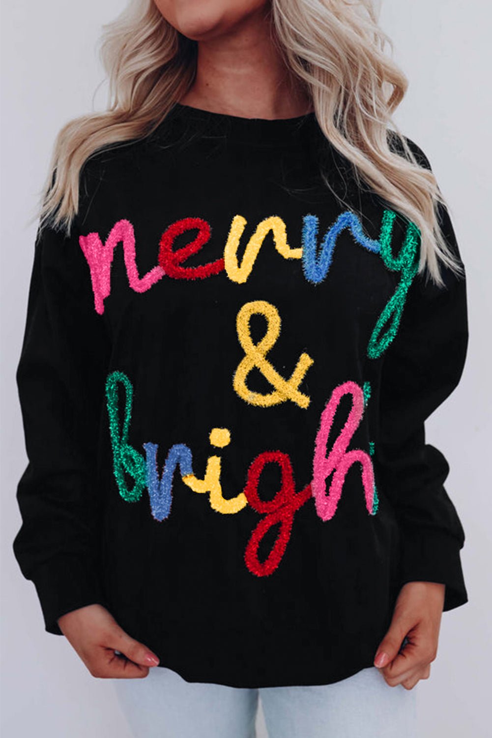 Black Colorful Merry & Bright Tinsel Graphic Sweater - Bitsy Gypsy Boutique