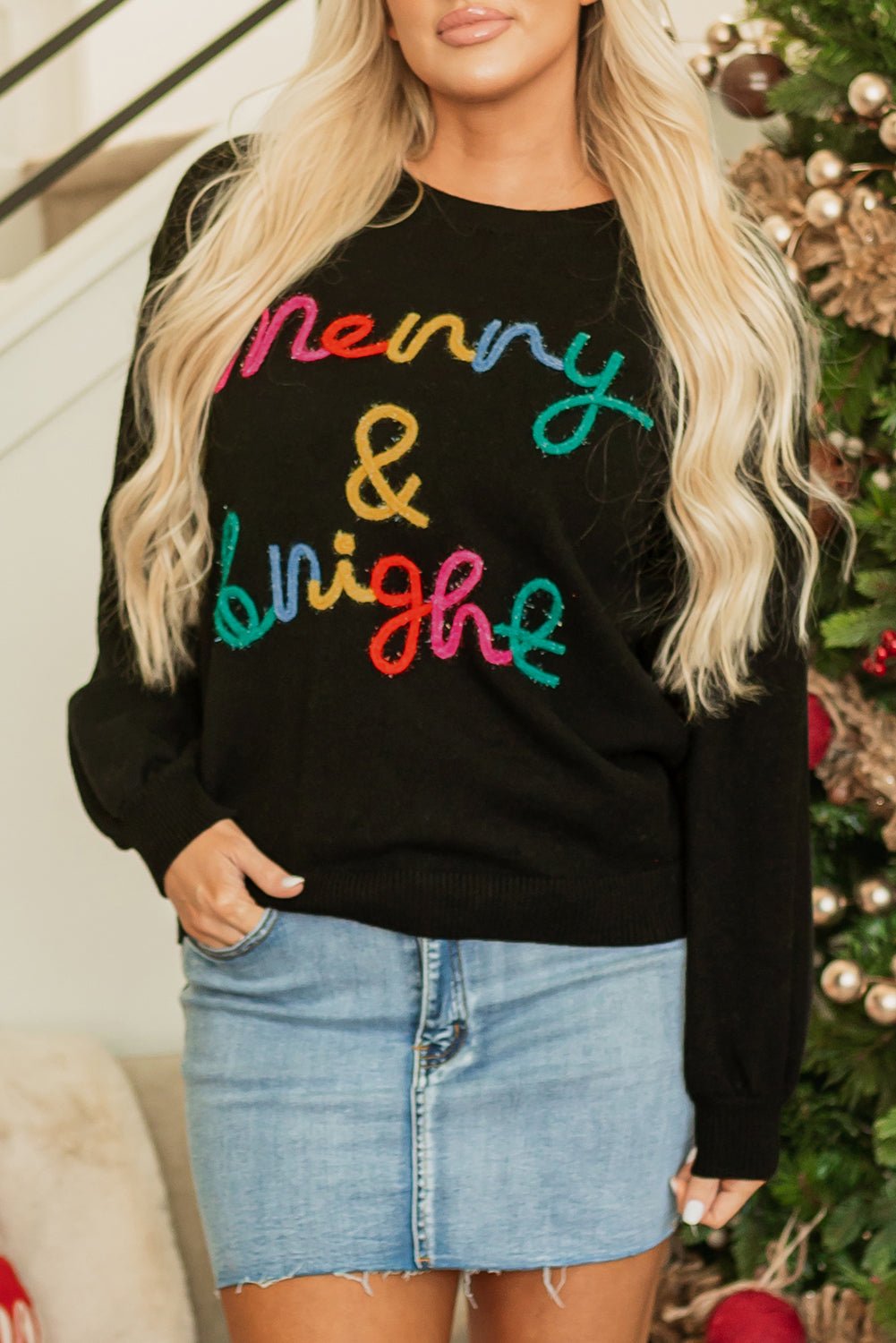 Black Colorful Merry & Bright Tinsel Graphic Sweater - Bitsy Gypsy Boutique