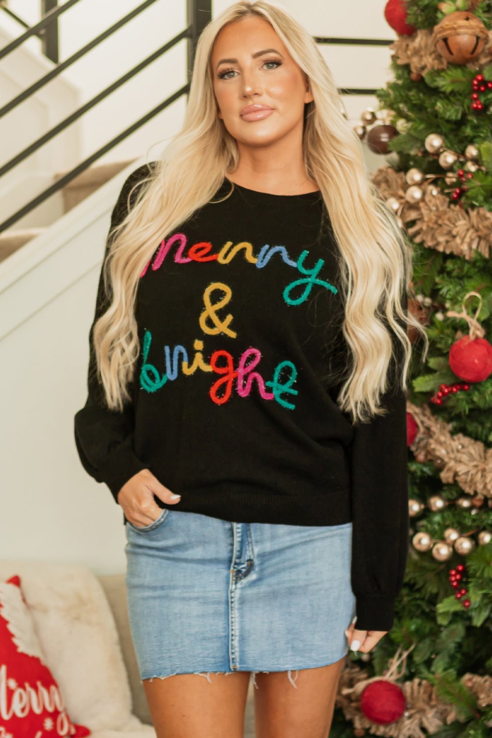 Black Colorful Merry & Bright Tinsel Graphic Sweater - Bitsy Gypsy Boutique