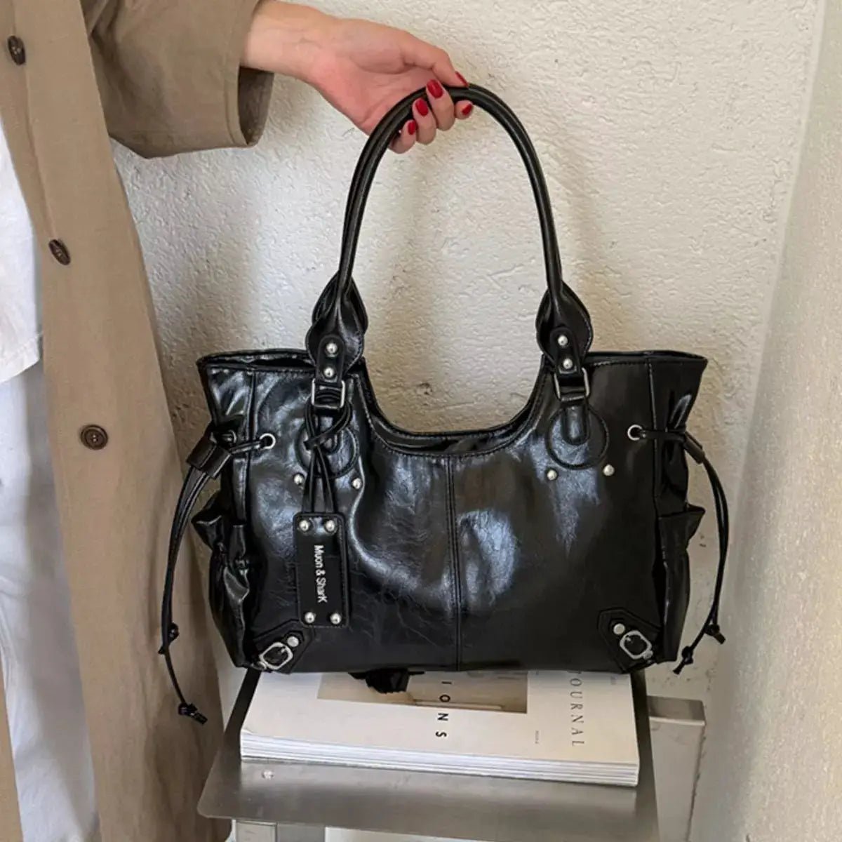 Black Drawstring PU Leather Handbag - Bitsy Gypsy Boutique