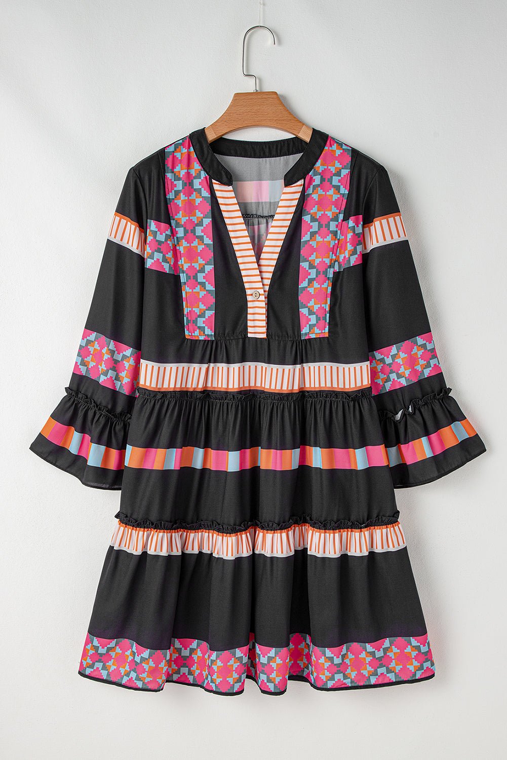 Black Ethnic Print Buttoned V Neck Bell Sleeve Ruffle Patchwork Dress - Bitsy Gypsy Boutique