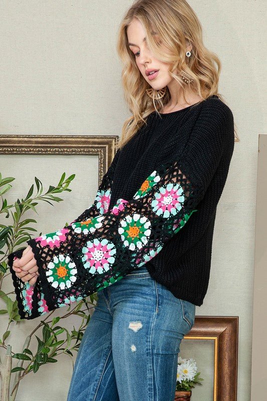 Black Floral Crochet Bell Sleeve Loose Sweater - Bitsy Gypsy Boutique