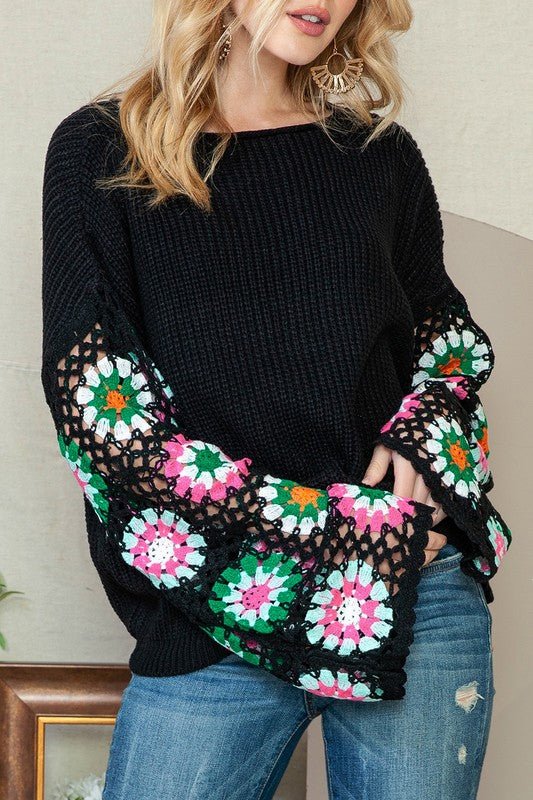 Black Floral Crochet Bell Sleeve Loose Sweater - Bitsy Gypsy Boutique