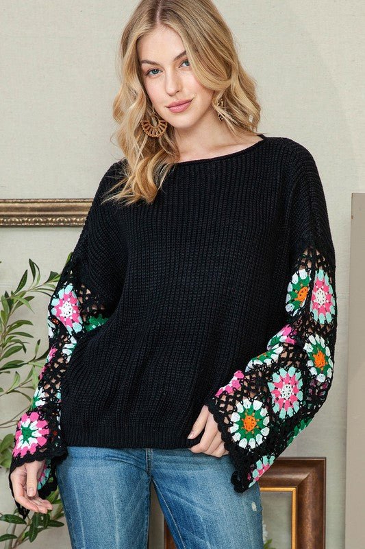 Black Floral Crochet Bell Sleeve Loose Sweater - Bitsy Gypsy Boutique