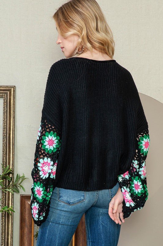 Black Floral Crochet Bell Sleeve Loose Sweater - Bitsy Gypsy Boutique