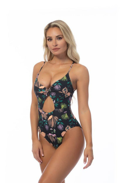 BLACK FLORAL CUTOUT ONE PIECE SWIMSUIT - Bitsy Gypsy Boutique