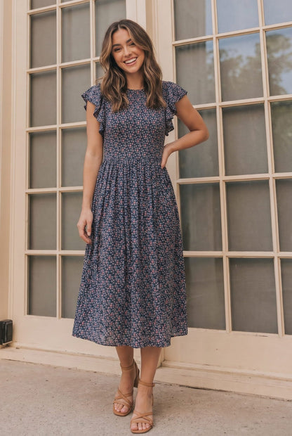 Black Floral Flutter Sleeve Midi Dress - Bitsy Gypsy Boutique