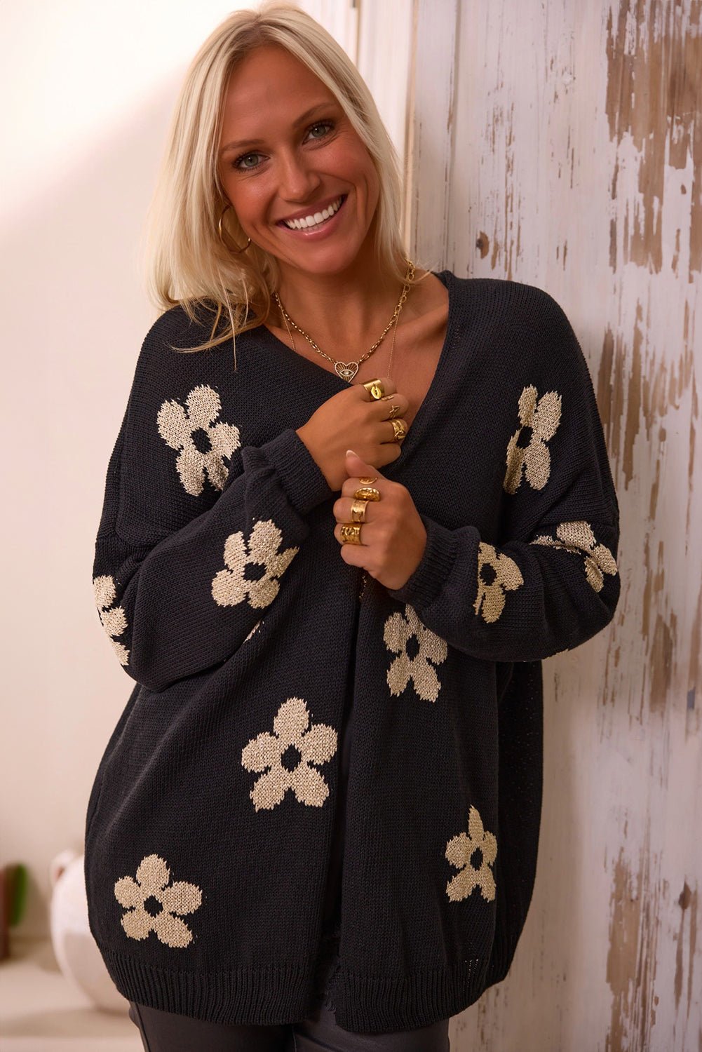 Black Floral Print Knitted Open Front Loose Cardigan - Bitsy Gypsy Boutique